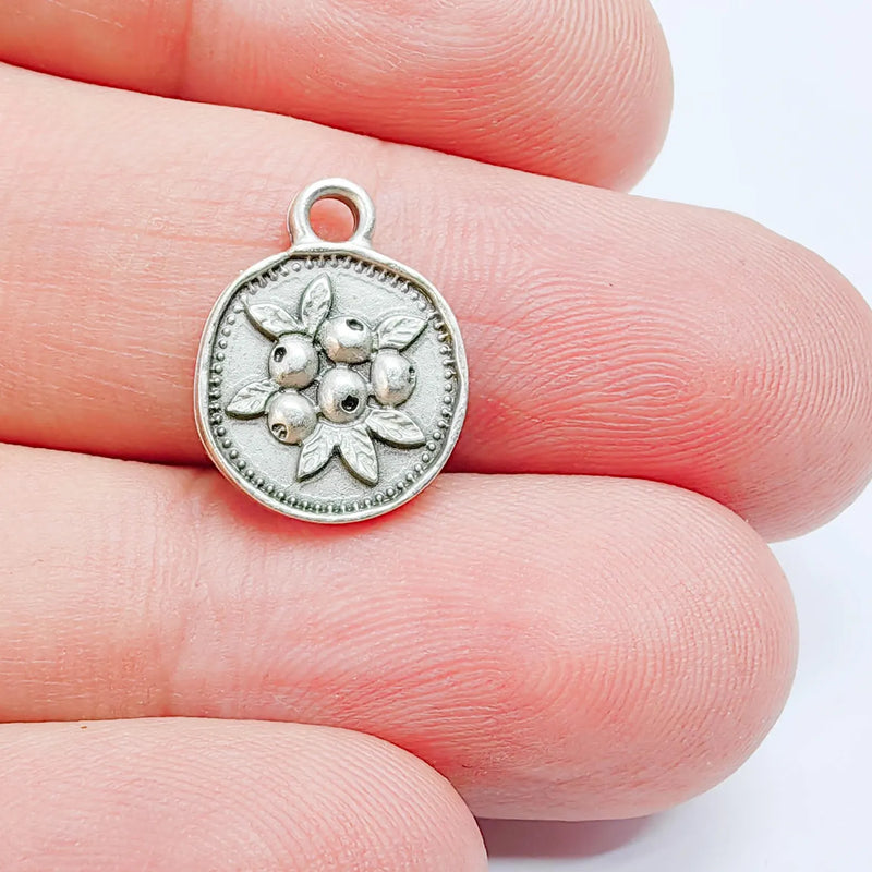 4 Pcs Berry Round Charm Pendant, Double Sided Botanical Design, Antique Silver Plated, 16x13mm, G38085