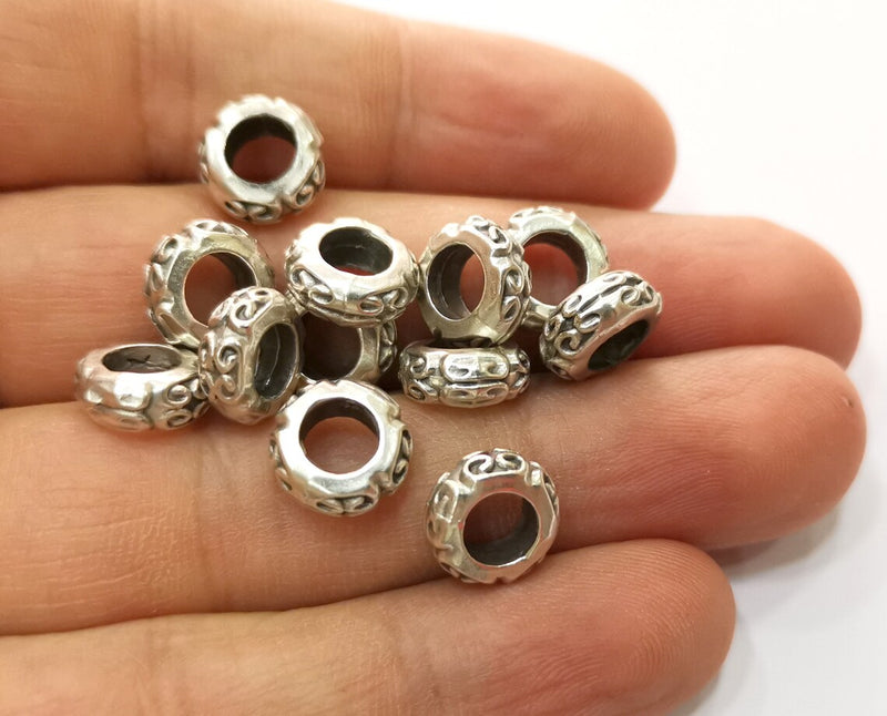 10 Silver Rondelle Beads Antique Silver Plated Beads (11mm) G19150