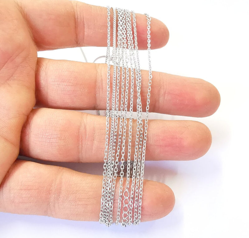 Rhodium Plated Sterling Silver Finished Necklace Chain Cable Chain (2x1,4mm) 925 Solid Silver Ready Chain (40cm+5cm-16inch+2inch) G30186