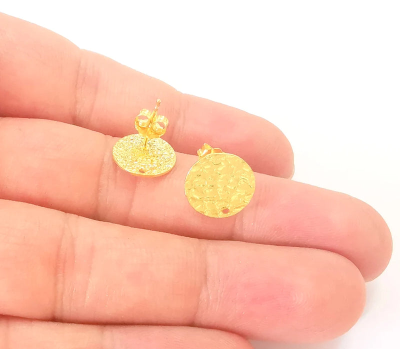 Earring Stud with Hole, Gold Plated Sterling Silver Earring Posts 2 Pcs (1 pair) 925 Silver Earring Engraving (12mm) G30188