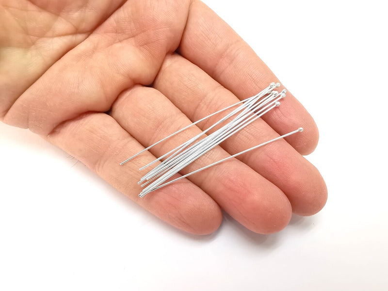 10 Pcs Sterling Silver Ball Head Long Pins 2.5'', 20ga (2.5 inch - 61mm) (Thickness 0,78mm - 20 Gauge) 925 Solid Silver Ball Head pin G30187
