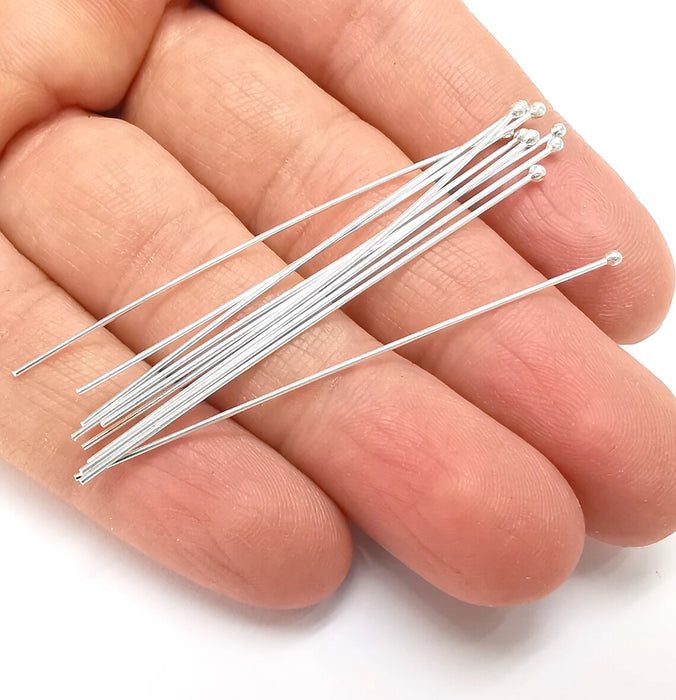 10 Pcs Sterling Silver Ball Head Long Pins 2.5'', 20ga (2.5 inch - 61mm) (Thickness 0,78mm - 20 Gauge) 925 Solid Silver Ball Head pin G30187