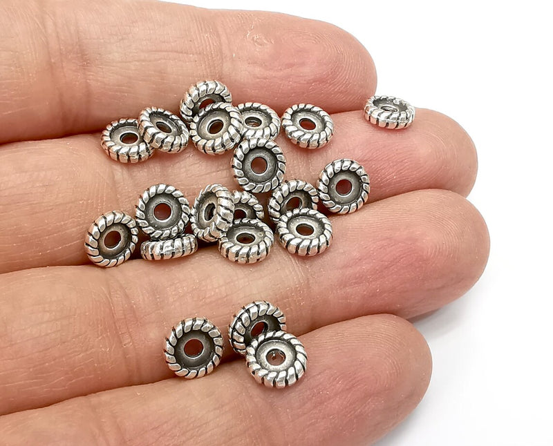 10 Round Rondelle Beads Antique Silver Plated Metal Beads (8mm) G33531