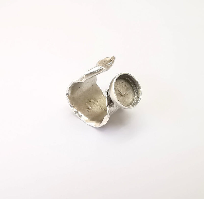 Hammered Ring Setting Resin Ring Blank Cabochon Mounting Adjustable Dried Flower Ring Base Bezel Antique Silver Plated Brass (12mm) G33602