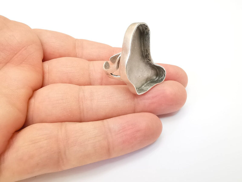 Amorphous Ring Setting Resin Ring Blank Mounting Adjustable Dried Flower Rings Base Bezel Antique Silver Plated Brass (31x15mm) G33603