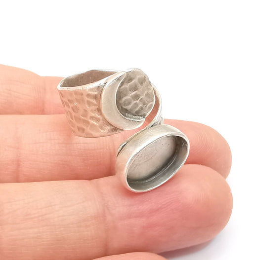 Crescent Ring Setting Blank Cabochon Ring Mounting Adjustable Wrap Ring Base, inlay Ring Bezel Antique Silver Plated Brass (14x10mm) G33604