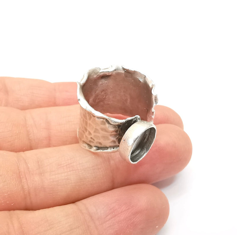 Hammered Ring Setting Resin Ring Blank Cabochon Mounting Adjustable Dried Flower Ring Base Bezel Antique Silver Plated Brass (10mm) G33606
