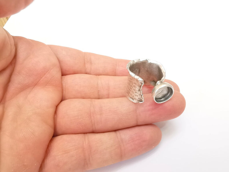 Hammered Ring Setting Resin Ring Blank Cabochon Mounting Adjustable Dried Flower Ring Base Bezel Antique Silver Plated Brass (10mm) G33606