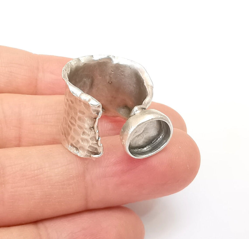 Hammered Ring Setting Resin Ring Blank Cabochon Mounting Adjustable Dried Flower Ring Base Bezel Antique Silver Plated Brass (10mm) G33606