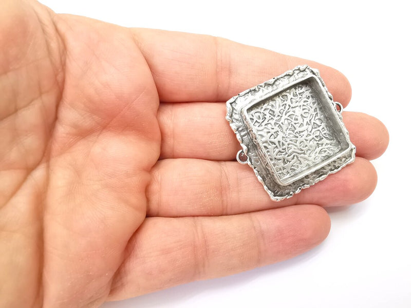 Hammered Pendant Connector Blanks, Resin Bezel, Cabochon Bases Mountings, Dry flower Frame, Polymer Clay, Antique Silver Brass (25mm) G33607