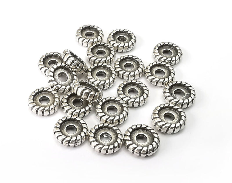 10 Round Rondelle Beads Antique Silver Plated Metal Beads (8mm) G33531