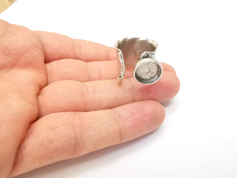 Hammered Ring Setting Resin Ring Blank Cabochon Mounting Adjustable Dried Flower Ring Base Bezel Antique Silver Plated Brass (12mm) G33602