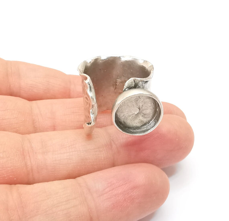 Hammered Ring Setting Resin Ring Blank Cabochon Mounting Adjustable Dried Flower Ring Base Bezel Antique Silver Plated Brass (12mm) G33602