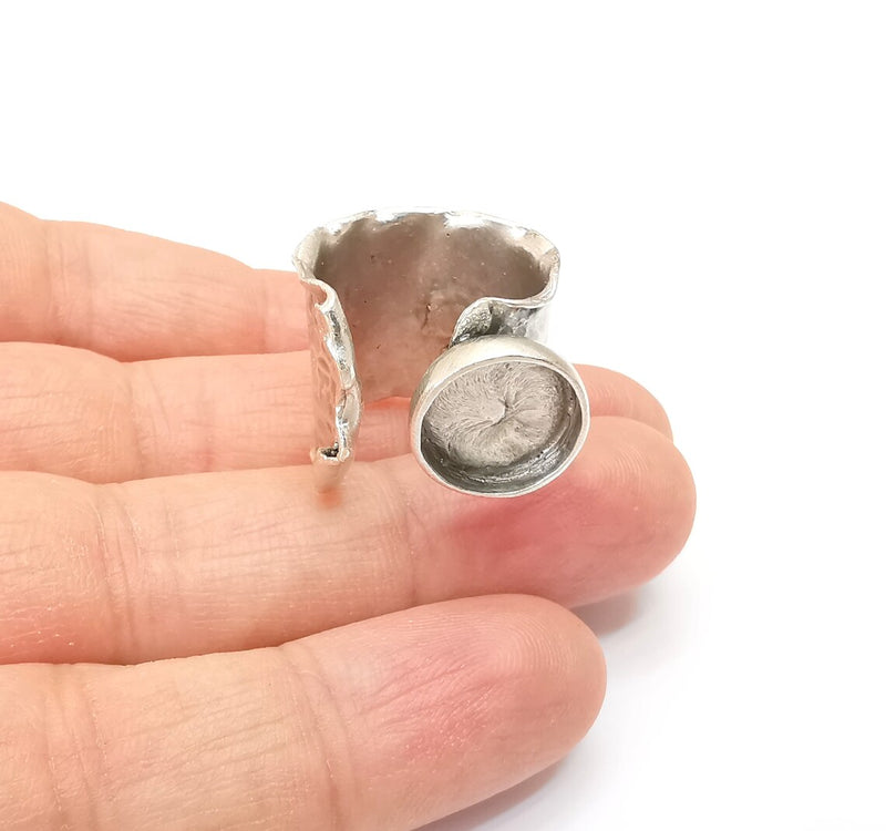 Hammered Ring Setting Resin Ring Blank Cabochon Mounting Adjustable Dried Flower Ring Base Bezel Antique Silver Plated Brass (12mm) G33602