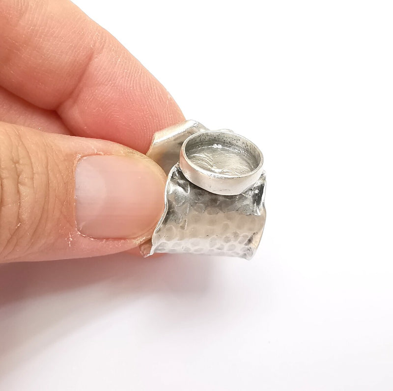 Hammered Ring Setting Resin Ring Blank Cabochon Mounting Adjustable Dried Flower Ring Base Bezel Antique Silver Plated Brass (12mm) G33602