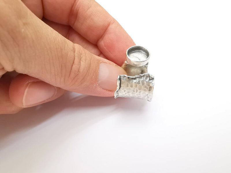 Hammered Ring Setting Resin Ring Blank Cabochon Mounting Adjustable Dried Flower Ring Base Bezel Antique Silver Plated Brass (10mm) G33606