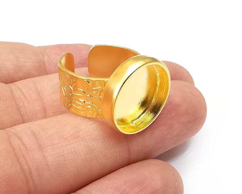 Round Ring Blank Settings, Cabochon Mounting, Adjustable Gold Plated Resin Ring Base Bezel, Inlay Mosaic Epoxy (16mm) G33749