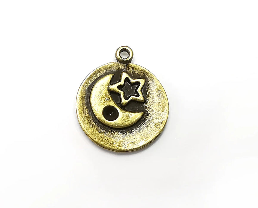2 Moon Crescent Star Charms, Antique Bronze Plated Charms (24x20mm) G33701