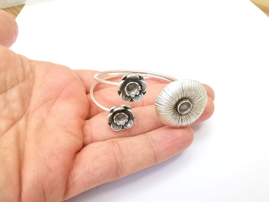 Flower Bracelet Bezel Cuff Blank Resin Mountings Cabochon Base Setting Antique Silver Plated Brass Adjustable Bracelet Bezel (6mm) G33722