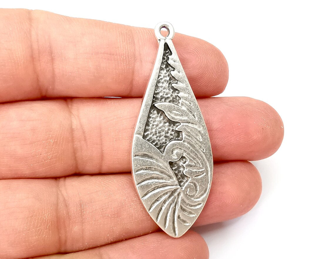 Leaf Drop Charms, Dangle Charms Antique Silver Plated (52x20mm) G33849