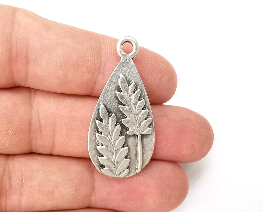 Fern Drop Charms, Dangle Charms Antique Silver Plated (39x19mm) G33847