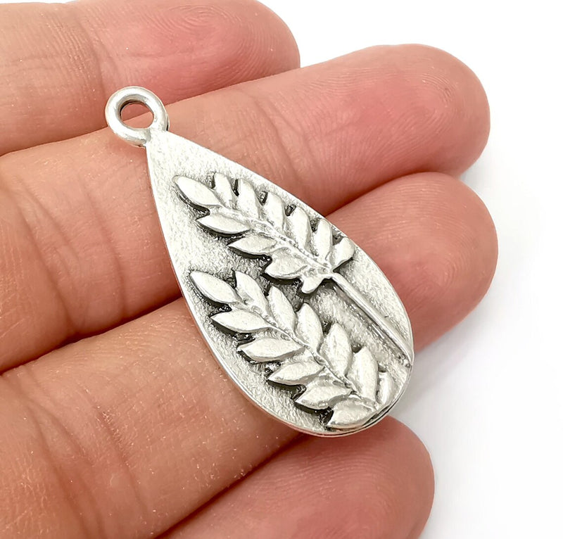 Fern Drop Charms, Dangle Charms Antique Silver Plated (39x19mm) G33847