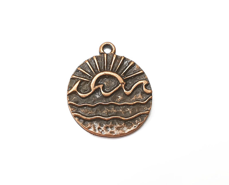 2 Wavy Sea and Sun Charm, Antique Copper Plated Charms (25x22mm) G33916