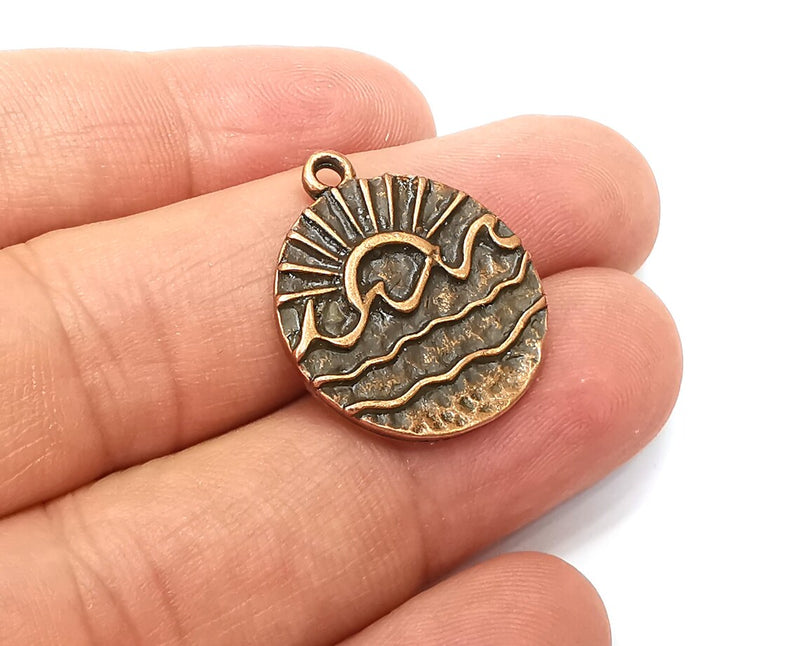 2 Wavy Sea and Sun Charm, Antique Copper Plated Charms (25x22mm) G33916