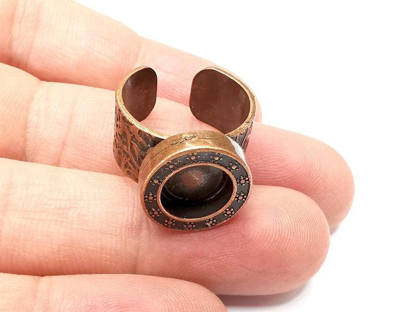 Flower Round Ring, Flat Blank Setting, Cabochon Mounting, Adjustable Resin Base Bezels, Antique Copper Plated (10mm) G34002