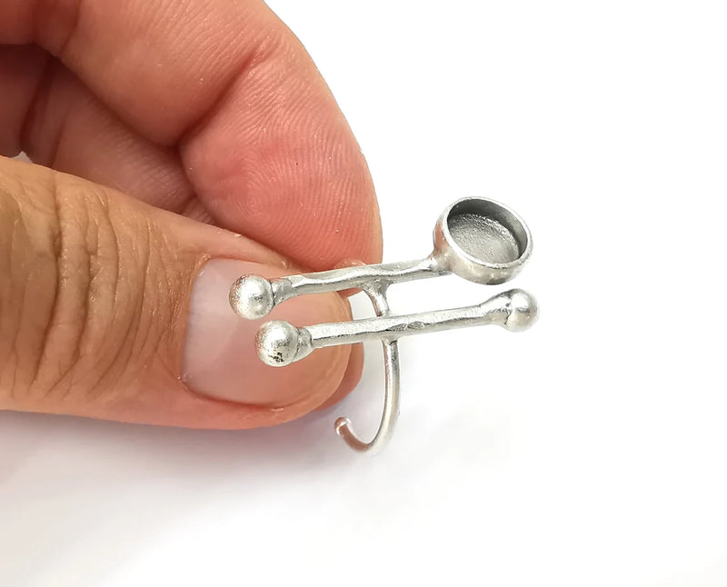 Bars Ring Blank Settings, Cabochon Mounting, Adjustable Antique Silver Resin Ring Base Bezel, Inlay Mosaic Cabochon (8mm) G34038