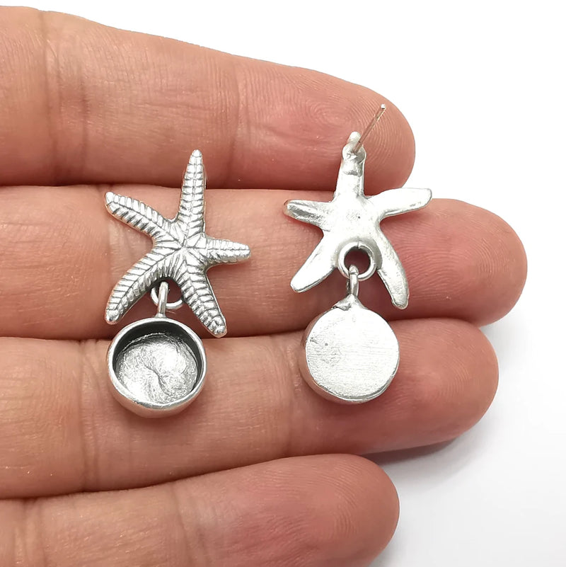 Starfish Earring, Dangle Earring Blank, Antique Silver Plated Brass Earring Base ( 10mm blanks ) G34071
