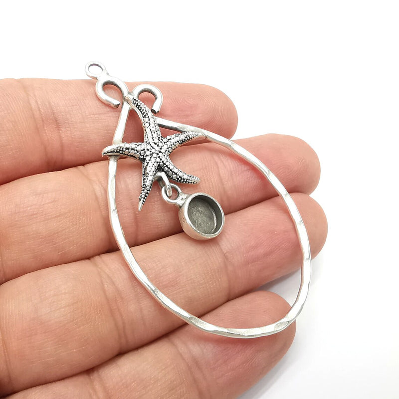 Starfish Drop Pendant Base Setting Bezel Blank Antique Silver Plated Brass Pendant (70mm) (8mm blank) G34078