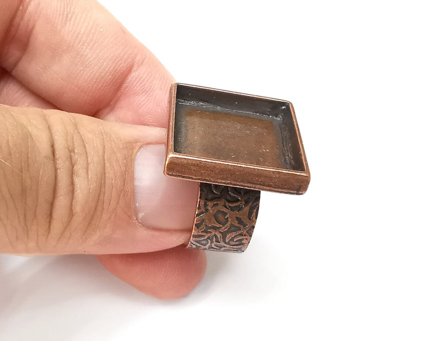 Square Ring Blank Setting, Cabochon Mounting, Adjustable Resin Ring Base, Inlay Ring Blank Mosaic Bezels Antique Copper Plated (20mm) G34028