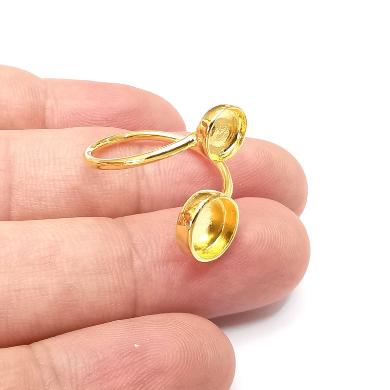 Wrap Twin Blank Shiny Gold Ring Bezels Settings Resin Backs Cabochon Mounting Gold Plated Brass Adjustable Ring Base (8mm 6mm blank) G34110