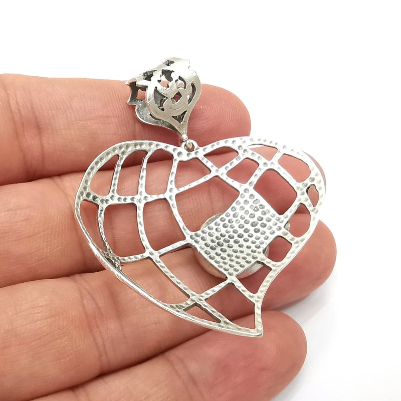 Heart Pendant Base Setting Bezel Blank Antique Silver Plated Brass Pendant (57mm) (12mm blank) G34089