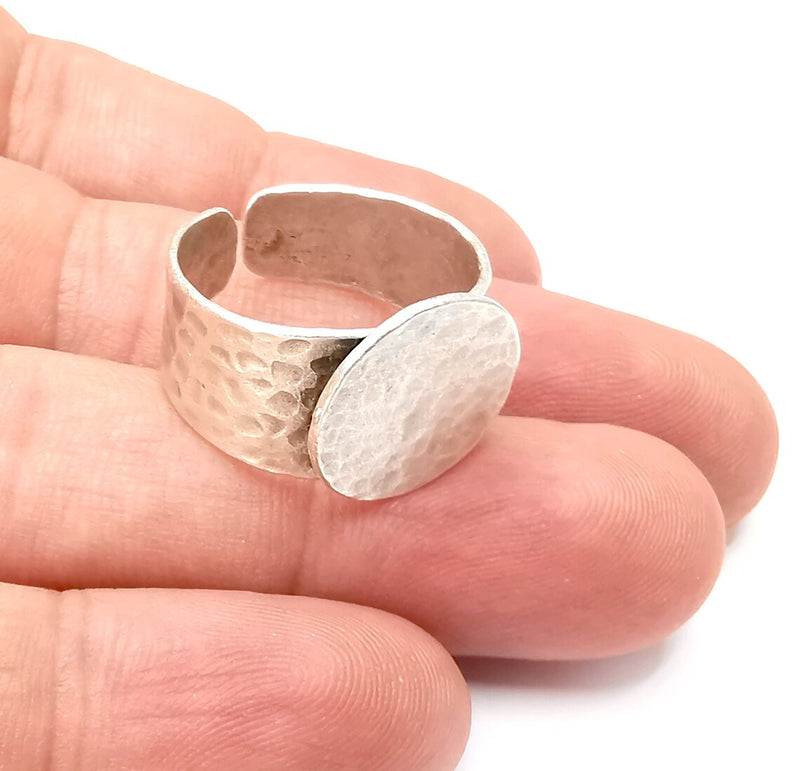 Hammered Ring Round Setting Resin Ring Blank Cabochon Mounting Adjustable Base Bezel Antique Silver Plated Brass (16mm) G17940
