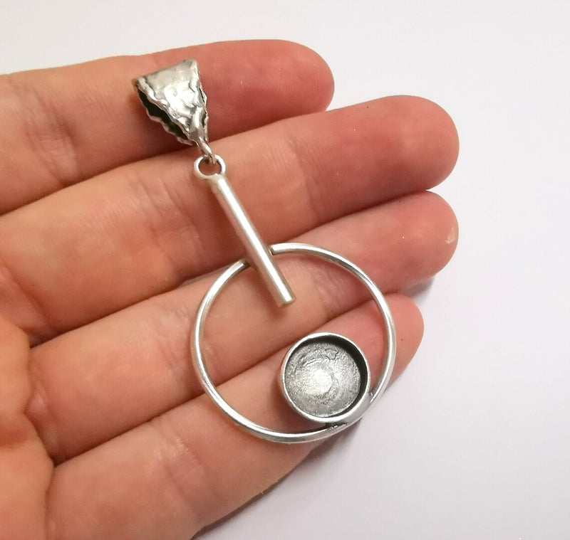 Circles Hammered Dangle Pendant Base Setting Bezel Blank Antique Silver Plated Brass Pendant (60x30 mm) (12mm blanks) G34195