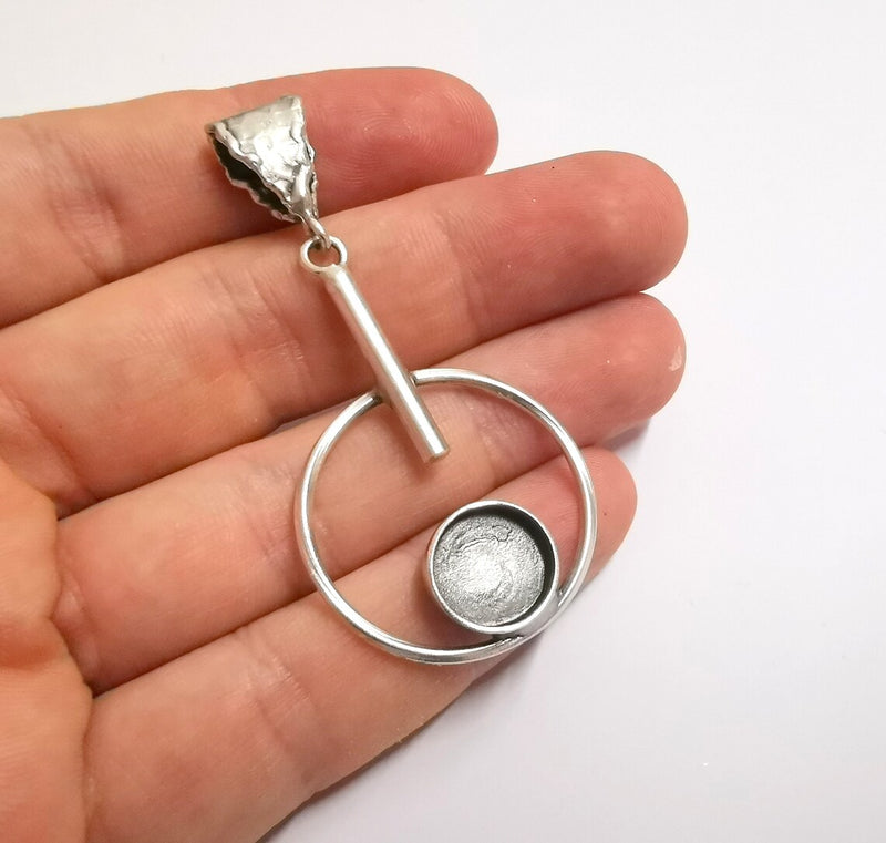Circles Hammered Dangle Pendant Base Setting Bezel Blank Antique Silver Plated Brass Pendant (60x30 mm) (12mm blanks) G34195
