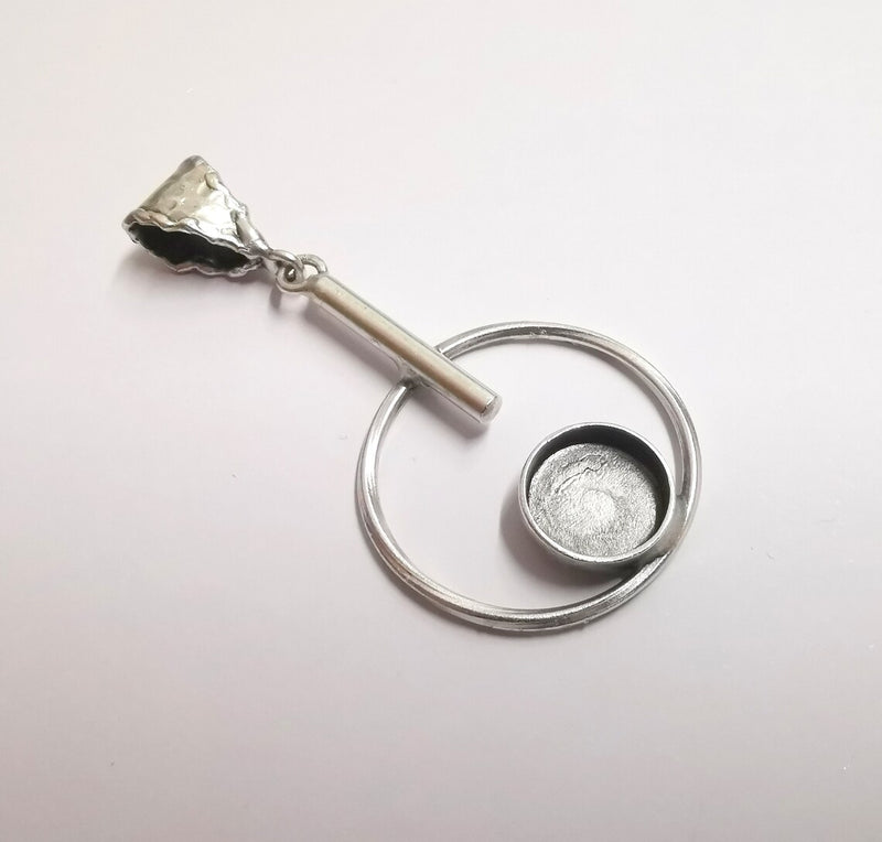 Circles Hammered Dangle Pendant Base Setting Bezel Blank Antique Silver Plated Brass Pendant (60x30 mm) (12mm blanks) G34195