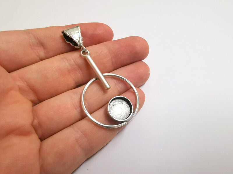 Circles Hammered Dangle Pendant Base Setting Bezel Blank Antique Silver Plated Brass Pendant (60x30 mm) (12mm blanks) G34195