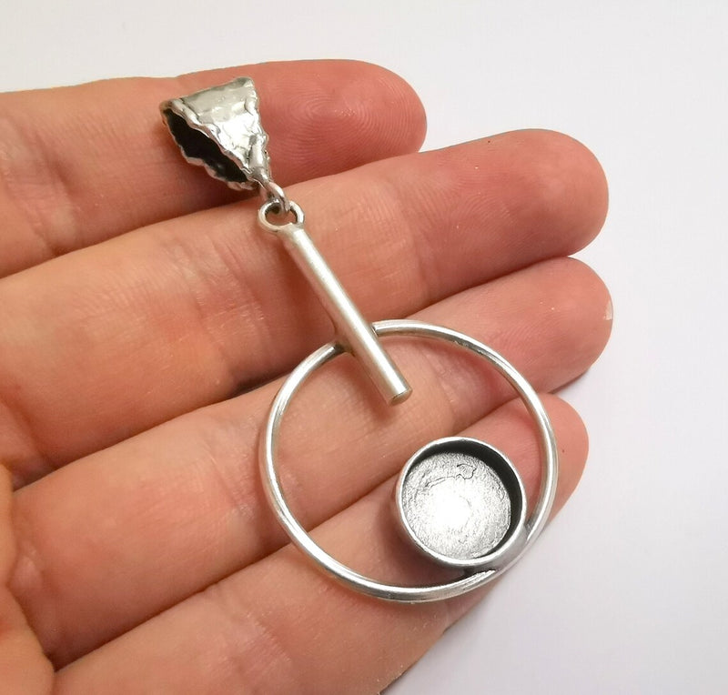 Circles Hammered Dangle Pendant Base Setting Bezel Blank Antique Silver Plated Brass Pendant (60x30 mm) (12mm blanks) G34195