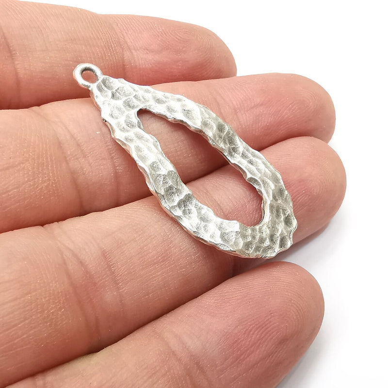 2 Drop Organic Charms, Antique Silver Plated (42x20mm) G34138