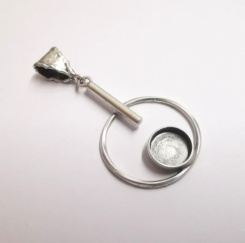 Circles Hammered Dangle Pendant Base Setting Bezel Blank Antique Silver Plated Brass Pendant (60x30 mm) (12mm blanks) G34195