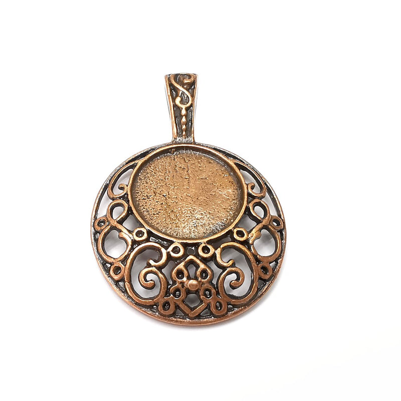 Round Filigree Pendant Blank Bezel Setting Resin Blank Antique Copper Plated Pendant (24mm) G34221