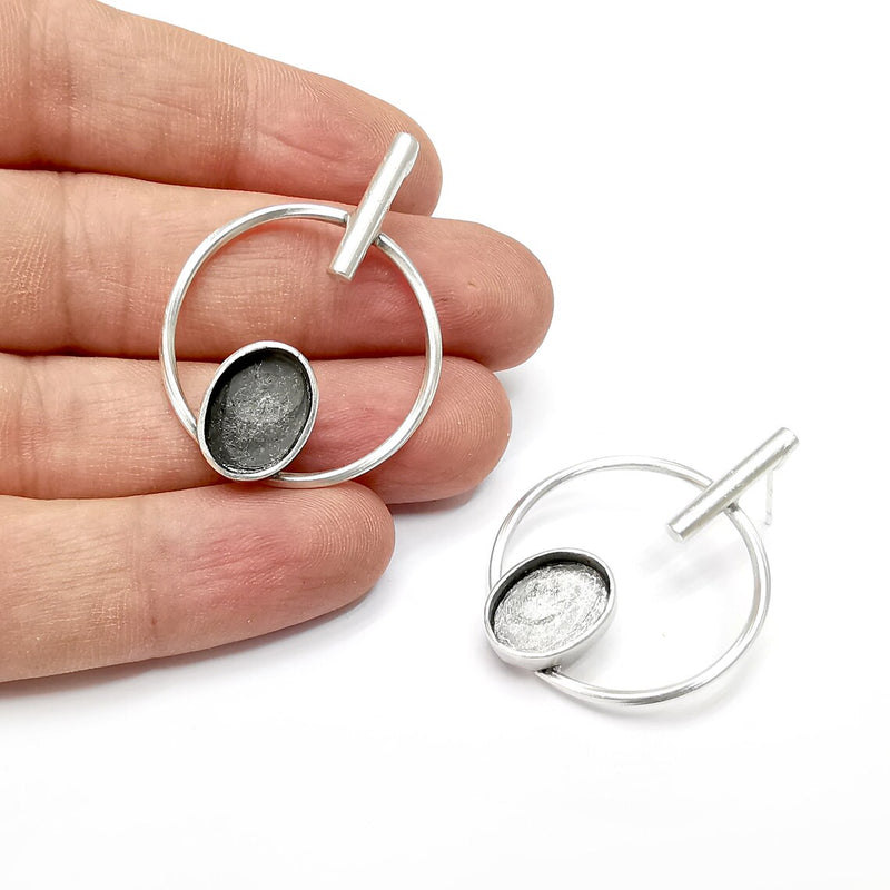 Hoop Rod Stick Round Silver Earring Set Base Wire Antique Silver Plated Brass Earring Base (40x30mm) (13x10mm blank) G34463