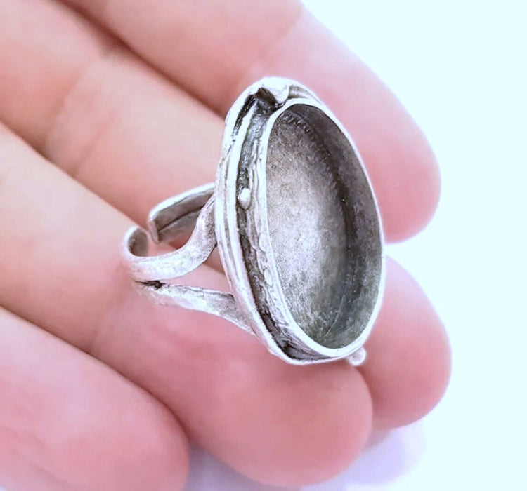 Silver Ring Blank Base Bezel Settings Cabochon Base Mountings Adjustable (25x18mm Blank) , Antique Silver Plated Brass G8139