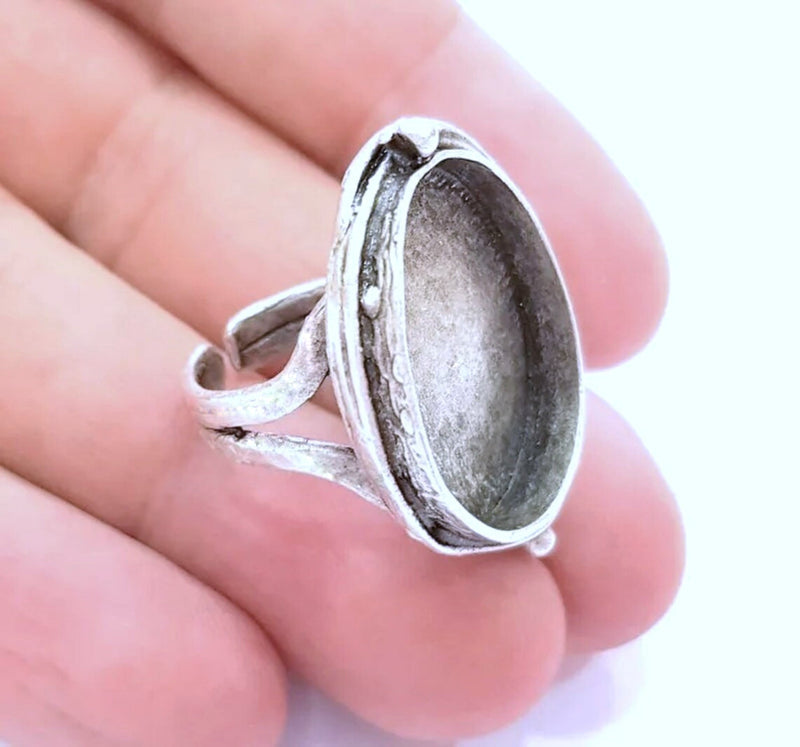Silver Ring Blank Base Bezel Settings Cabochon Base Mountings Adjustable (25x18mm Blank) , Antique Silver Plated Brass G8139
