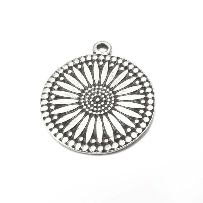 Flower Round Charms, Antique Silver Plated (39x32mm) G34432
