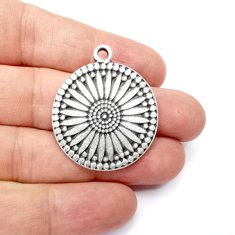 Flower Round Charms, Antique Silver Plated (39x32mm) G34432
