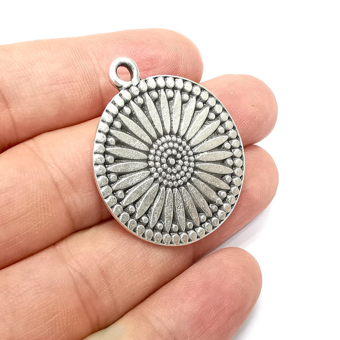 Flower Round Charms, Antique Silver Plated (39x32mm) G34432